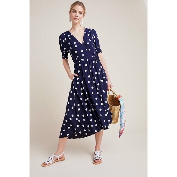 Anthropologie Dresses & Skirts - Anthropologie | Maeve Navy Polka Dot Wrap Dress 6P